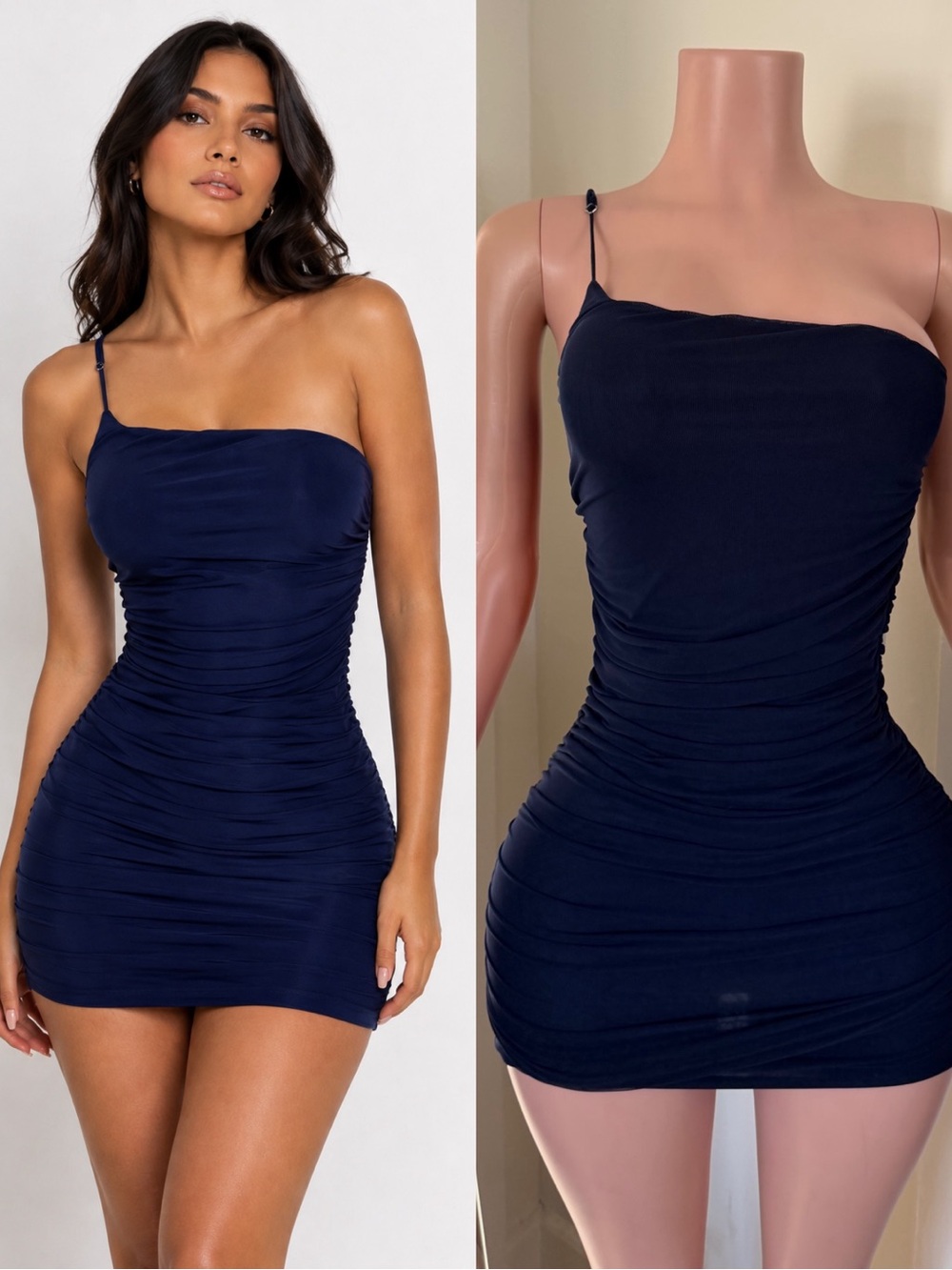 Women’s Navy Ruched Mini Dress with Spaghetti Strap
